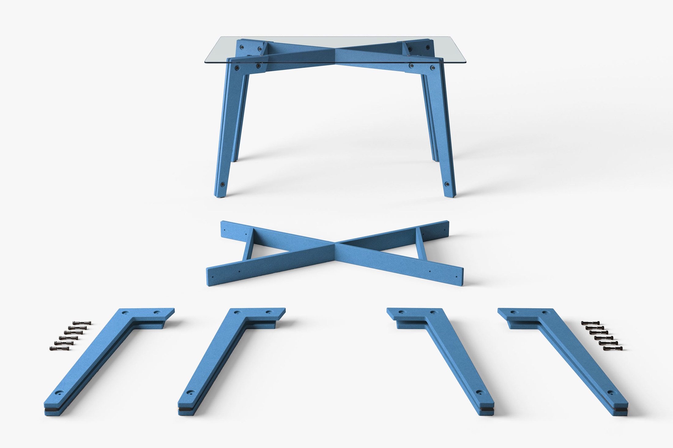muesiemue universal tisch design jakob hohmann, Darstellung der vormontierten Teile und eines Tisches mit Glasplatte